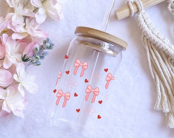 Bows Daises and Hearts Sipper Glass, Daisy Glass Tumbler With Straw And Lid,  Cup Beer Can Iced Coffee Glass Cup With Lid And Straw,
