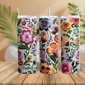 Mexican embroidery flower pattern, Mexican design Skinny Tumbler with Straw, Mexican Embroidery Tumbler with Flowers