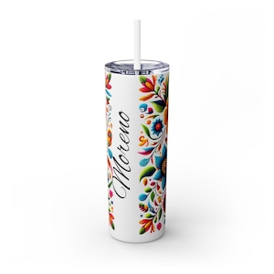 Mexican Embroidery Tumbler with Flowers Personalized, Mexican Flower Gift For Mom, Floral Pattern Tumbler with Straw, Latina Gift Tumbler