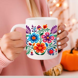 Mexican Floral Pattern Coffee Mug,Hispanic Folk Art 11oz Mug Embroidery Mexican Floral Ceramic Hispanic Mexican Art Cup