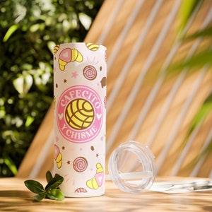 Cafecito y Chisme: Mexican Sweet Bread Pattern Skinny Tumbler with Straw, cafecito-mexican tumbler gifts-cafecito y chisme cup