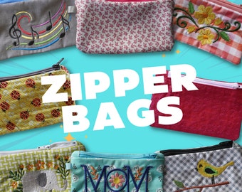 In the Hoop Zipper Bags 8er Pack, Maschinenstickmotive, Brother PES, HUS, VP3 alle Formate, Easy Tutorial inklusive ITH