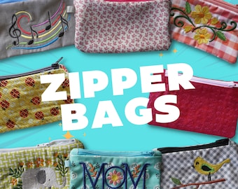 In The Hoop Zipper Bags Pack of 8, Machine Embroidery Designs, Brother PES, HUS, VP3 all Formats, Easy Tutorial Included ITH