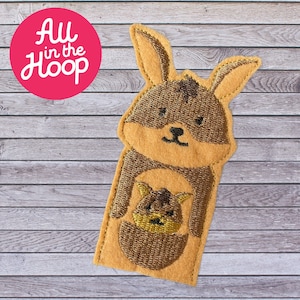 May include: A brown felt finger puppet of a kangaroo with a joey in its pouch. The kangaroo has a brown nose and black eyes. The joey is also brown with black eyes.
