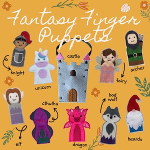In The Hoop Fantasy Finger Puppets Pack of 9, Machine Embroidery Designs, Brother PES, HUS, VP3 all Formats, Easy Tutorial Included ITH