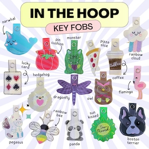 In The Hoop Key Fobs Pack of 16, Machine Embroidery Designs, Brother PES, HUS, VP3 all Formats, Easy Tutorial Included ITH