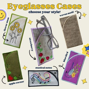Può includere: Custodie per occhiali ricamate con vari disegni: stelo di fiore, fragola, note musicali, uccello blu, angolo di mela e motivo tessuto. Le custodie sono in diversi colori e presentano cuciture decorative e il testo "Eyeglasses Cases choose your style!"