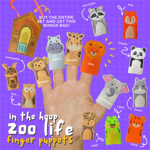 In The Hoop Finger Puppets Pack of 14, Machine Embroidery Designs, Brother PES, HUS, VP3 all Formats, Easy Tutorial Included ITH