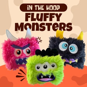 May include: Three plush monster toys with different colors and expressions. The pink monster has angry eyes and a wide mouth. The green monster has three eyes and a toothy grin. The black monster has blue eyes and a purple mouth.