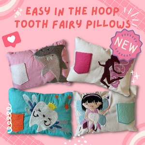 May include: Four tooth fairy pillows with different designs. The pillows are white, pink, blue, and turquoise. The designs include a shark, a fairy, a tooth, and a fairy with wings. The pillows have pockets for a lost tooth. The pillows are new.