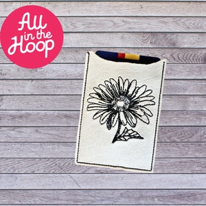 Porte-cartes au cerceau Daisy Sketch, motifs de broderie machine, Brother PES, HUS, VP3 tous les formats, tutoriel facile inclus ITH