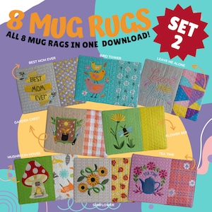 May include: Set of 8 colourful embroidered mug rugs with various designs, including a bird tower, a mushroom house, a sunflower, and a teacup. The text "8 MUG RUGS SET 2" is displayed at the top of the image.