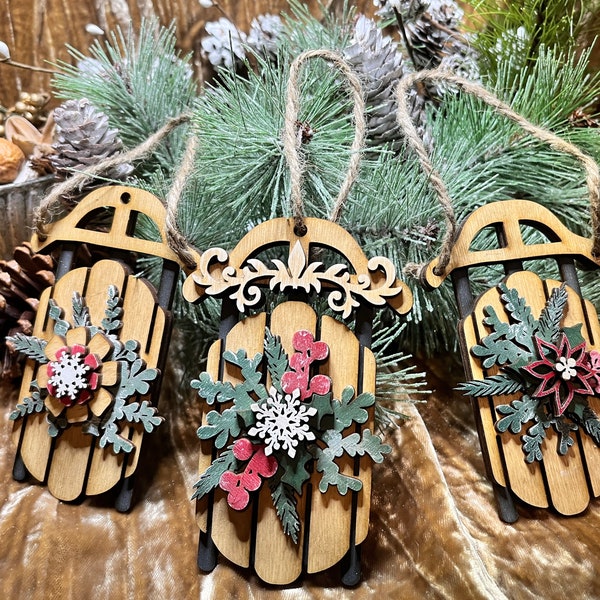 Sled Ornament, Rustic Wooden Sled, Farmhouse Wood, Tree Decoration, Christmas Gift, Ornament Exchange