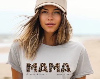 Camiseta de mamá personalizada con motivo de leopardo /nombres de los niños/ regalo para mamá / Día de la Madre / cumpleaños / Navidad