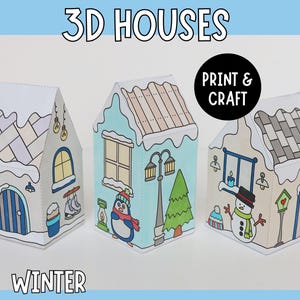 Winter House 3D Paper Craft - Printable Coloring Activity for Kids