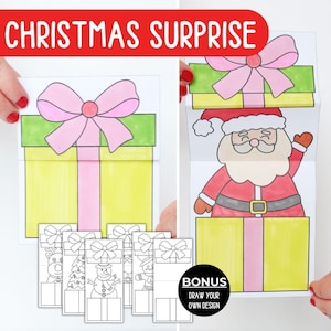 Cartões de presente surpresa de Natal Atividade de artesanato em papel Página para colorir para imprimir para crianças Abrir e fechar