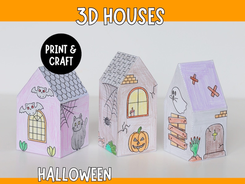 Haunted Halloween Houses 3D Paper - Printable Paper Craft Activity for Kids image 1