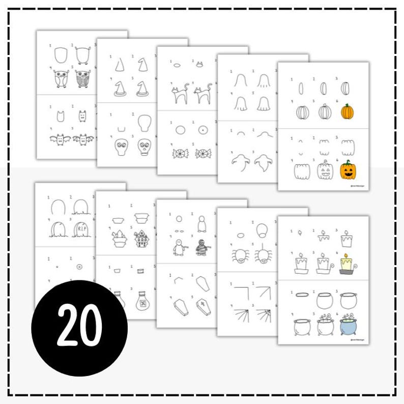 May include: A set of 20 printable Halloween drawing tutorials. Each tutorial shows how to draw a different Halloween character or object, such as a ghost, pumpkin, bat, and witch's hat. The tutorials are easy to follow and perfect for kids and adults.