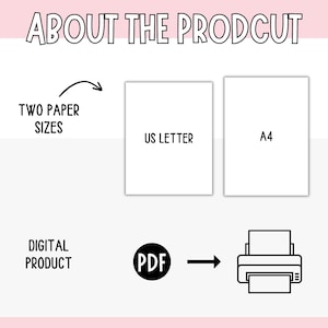 K&ouml;nnte beinhalten: Digitale druckbare PDF-Datei eines druckbaren Blattes in zwei Gr&ouml;&szlig;en: US Letter und A4. Das Bild zeigt ein Schwarzwei&szlig;-Drucker-Symbol mit einem Blatt Papier darin.
