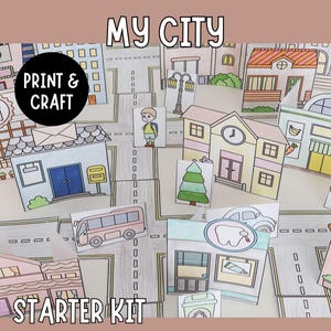 My City Starter Kit - Build Your Own City Printable Craft with houses vehicles, people, animals, city details & road pieces