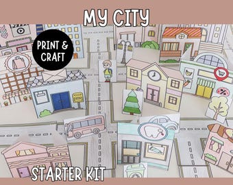 My City Starter Kit - Build Your Own City Printable Craft with houses vehicles, people, animals, city details & road pieces