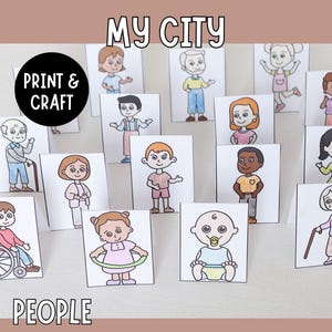 以下が含まれることがあります： 子供、大人、高齢者など、さまざまな人々が描かれたイラストカードのコレクションです。「My City」と「People」のラベルが付いており、「Print & Craft」のロゴがあります。イラストはシンプルでカラフルです。