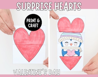 Valentine&#39;s Day Surprise Heart Cards - DIY Printable Paper Craft for Kids