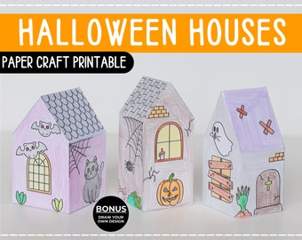 Página para colorear imprimible de actividad artesanal de papel de casas de Halloween encantadas para niños