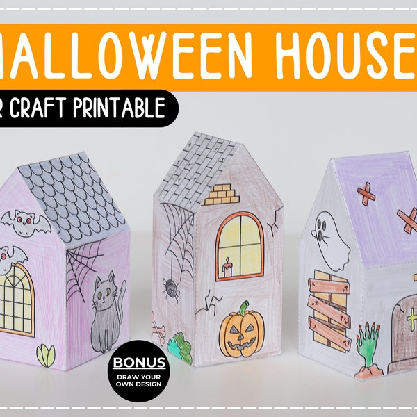 Haunted Halloween Houses Paper Craft Activity Printable Coloring Page for Kids
