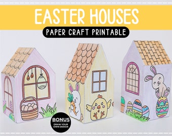 Easter Houses Paper Craft Activity Printable Coloring Page for Kids