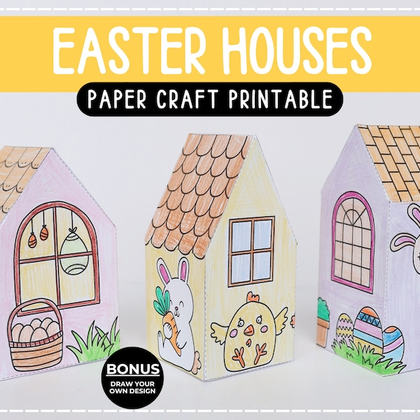 Easter Houses Paper Craft Activity Printable Coloring Page for Kids