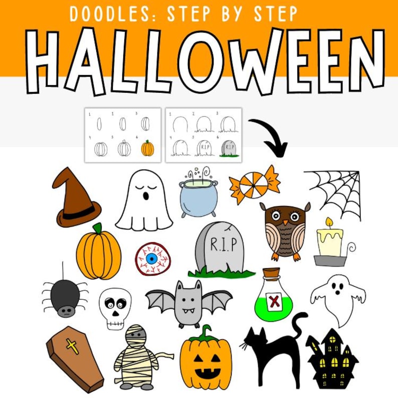 May include: A set of 16 Halloween-themed doodle illustrations, including a witch's hat, a ghost, a cauldron, a candy cane, an owl, a spider, a skull, a bat, a coffin, a mummy, a jack-o'-lantern, a black cat, a haunted house, and more.