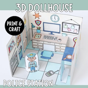 Police Station for 3D Dollhouse - Printable Paper Craft with Police Officer Figure