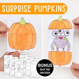 Cartões de abóbora surpresa de Halloween, atividade de artesanato em papel, página para colorir para crianças, abrir e fechar
