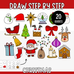 Christmas Drawing Guide - 20 Step-by-Step How to Draw Pages for Kids - Printable