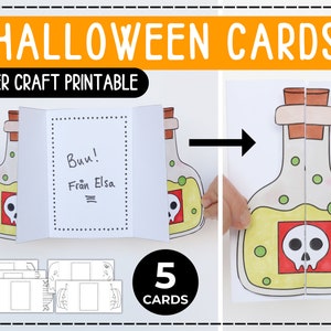 Halloween-kaarten Papierknutselactiviteit Afdrukbare kleurplaat voor kinderen Open en dicht