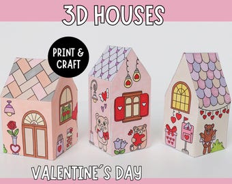 Valentine&#39;s Day 3D Paper Craft Houses - Printable DIY Activity for Kids