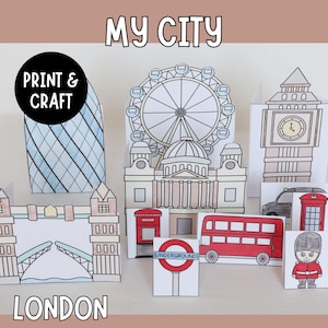 Può includere: Modelli di carta di monumenti londinesi, tra cui il London Eye, il Big Ben, il Tower Bridge e un autobus a due piani rosso. Le parole "MY CITY" e "LONDON" sono visualizzate.