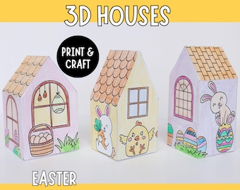May include: Printable 3D Easter houses craft. The houses are yellow, pink, and purple with bunny, chick, and egg decorations. The text "Print & Craft" and "Easter" are on the image.
