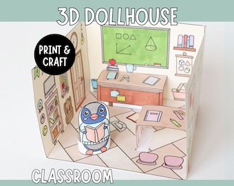Add a Classroom for 3D dollhouse Printable Paper Craft with a figure
