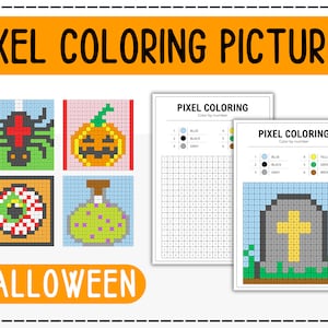 May include: Four Halloween-themed pixel art coloring pages. Each page features a different image: a spider, a pumpkin, an eye, a potion bottle, and a tombstone. The pages are labeled "PIXEL COLORING" and include a color key.