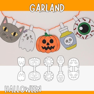 May include: A Halloween garland featuring a gray cat, a ghost, an orange pumpkin, a potion bottle with a skull, and an eyeball. The word "GARLAND" is at the top, and "HALLOWEEN" is at the bottom.