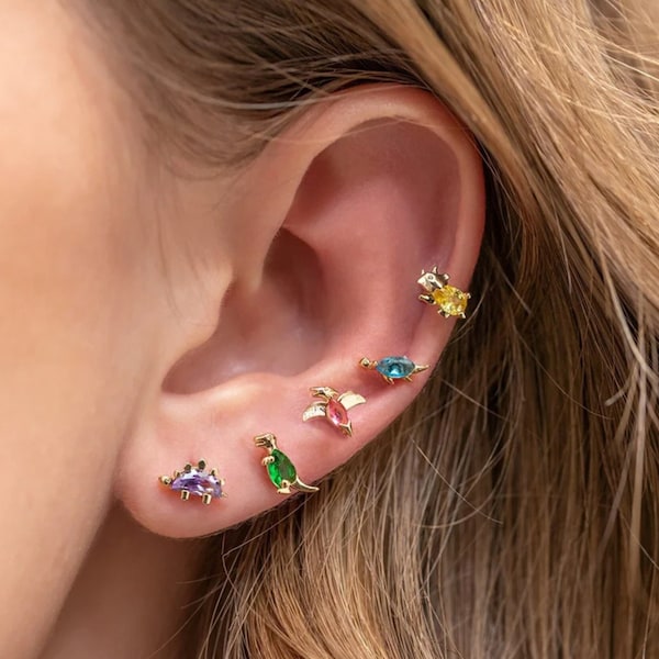 Zircon Dinosaur Stud Earrings, Dinosaur Piercing Jewelry, Tiny Studs, Dainty Gold Earrings, Cute Animal Earrings, Birthday Gift for Her
