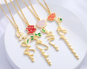 Collier délicat de fleurs de naissance, collier prénom plaqué or 18 carats, cadeau de famille fleur de naissance, cadeaux personnalisés, cadeau pour elle, cadeau de fête des mères