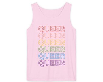 Queer Pride Tank Top | Rainbow Outline, Garment-Dyed Cotton