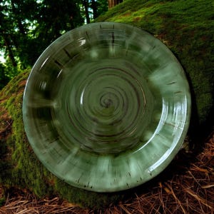 May include: A handmade, green ceramic plate with a spiral design in the center. The plate has a glossy finish and a slightly irregular shape. The plate is approximately 12 inches in diameter, perfect for serving food.