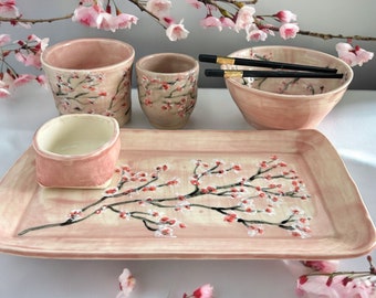 Complete Japanese-Style Dinnerware Set #41 with Cherry Blossoms Design