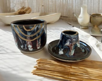 Traditional Japanese Chawan Tea Bowl and Chasen Whisk Holder Set #3 with 14K Gold Accents