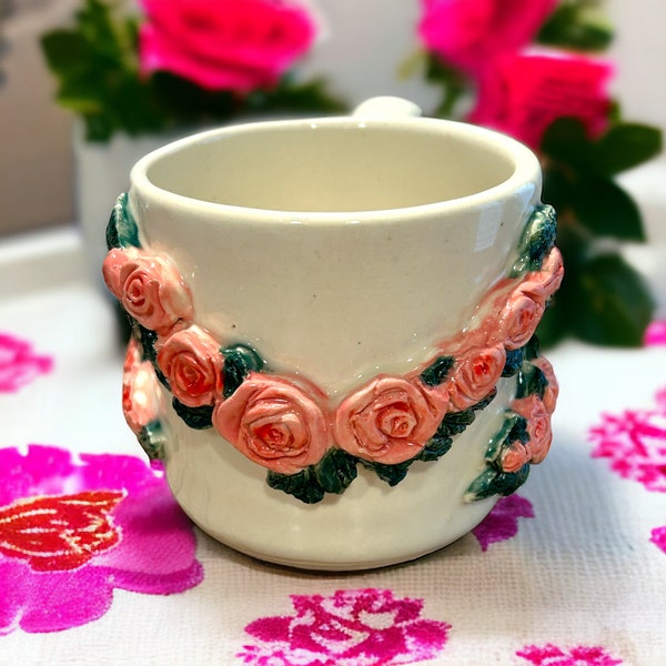 Spring Florals 27 Wheel-Thrown Pottery Sculpture Mug with Pink Rose Garlands