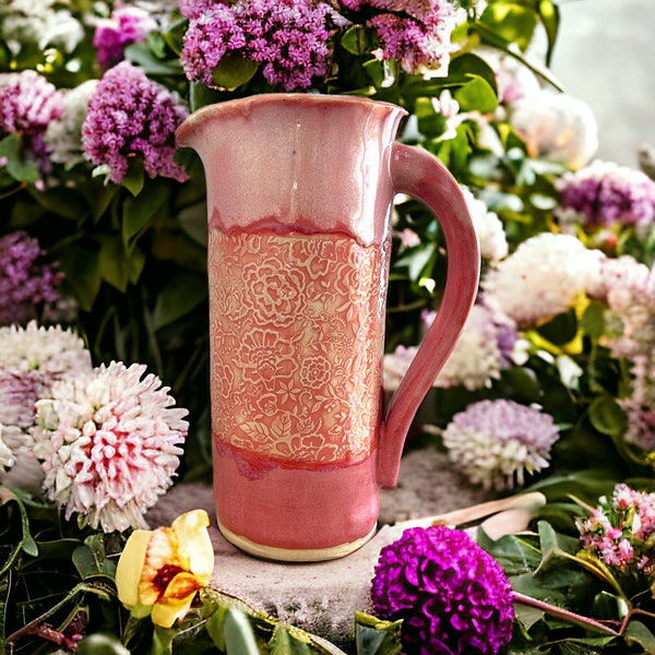 Spring Florals 20 Tall Slab Built Pitcher with Floral Paisley Texture in Fairy Rose Pink